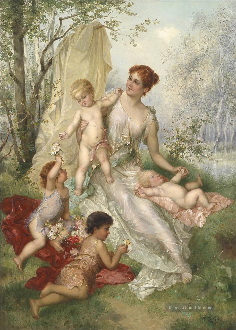 Frau und Kinder Hans Zatzka Klassische Blumen Ölgemälde